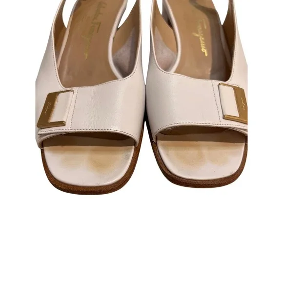 Salvatore Ferragamo White Leather Slingback Heels Gold Buckle Women's Size 9.5 B - Picture 2 of 15
